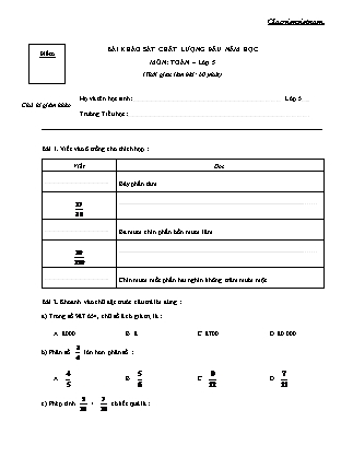 Bài khảo sát chất lượng đầu năm học môn Toán Lớp 5