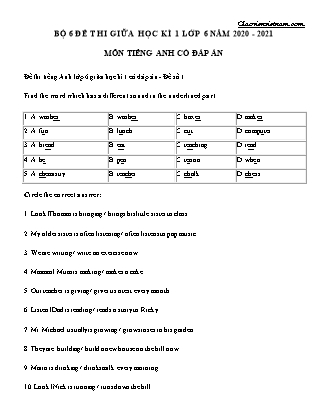 Bộ 6 Đề thi giữa học kì 1 Lớp 6  môn Tiếng Anh (Có đáp án) - Năm 2020-2021