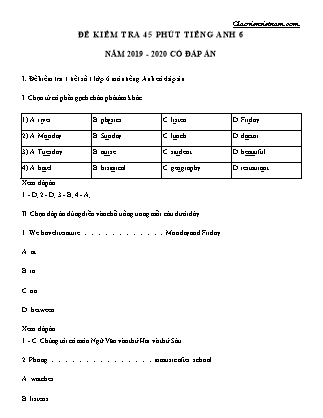 Đề kiểm tra 45 phút Tiếng Anh Lớp 6 (Có đáp án) - Năm 2019-2020