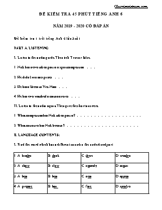 Đề kiểm tra 45 phút Tiếng Anh Lớp 6 (Có đáp án) - Năm học 2019-2020