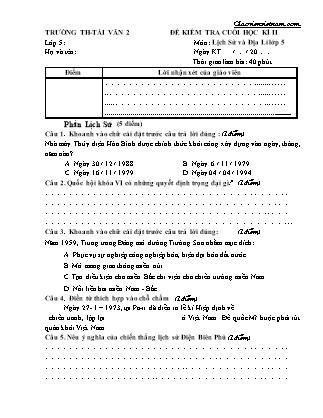 Đề kiểm tra cuối học kì I môn Lịch sử và Địa lí Lớp 5 (Có đáp án) - Trường Tiểu học Tài Văn 2