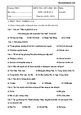 Đề kiểm tra giữa học kì 1 môn Lịch sử Lớp 6 (Có đáp án) - Năm học 2020-2021