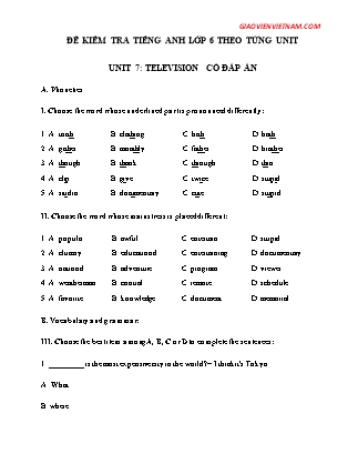 Đề kiểm tra Tiếng Anh Lớp 6 theo từng Unit - Unit 7: Television (Có đáp án)