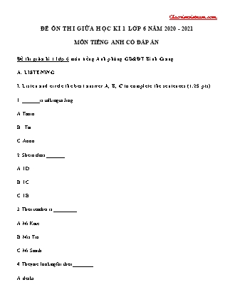 Đề ôn thi giữa học kì 1 Lớp 6 môn Tiếng Anh (Có đáp án) - Năm học 2020-2021