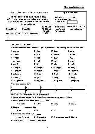 Đề thi chọn học sinh giỏi môn Tiếng Anh Lớp 6 - Năm học 2014-2015 - Phòng GD&ĐT Phù Ninh