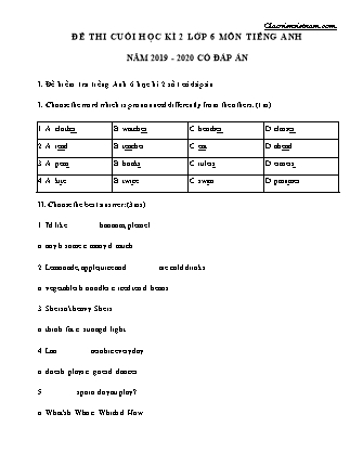 Đề thi cuối học kì 2 Lớp 6 môn Tiếng Anh - Năm 2019-2020