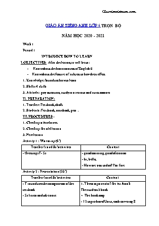 Giáo án trọn bộ môn Tiếng Anh Lớp 6 - năm học 2020-2021