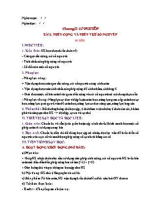 Giáo án Đại số Lớp 6 (Sách Chân trời sáng tạo) - Chương 2 - Bài 3: Phép cộng và phép trừ số nguyên (6 tiết)