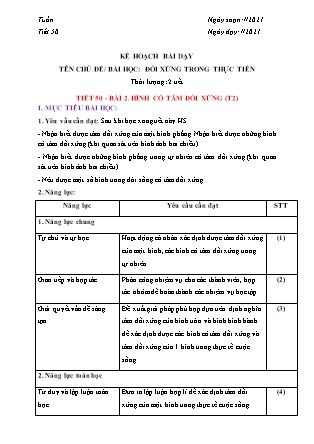 Giáo án Hình học Lớp 6 (Sách Chân trời sáng tạo) - Chương 7 - Tiết 50, Bài 2: Hình có tâm đối xứng (Tiết 2) - Năm học 2021-2022