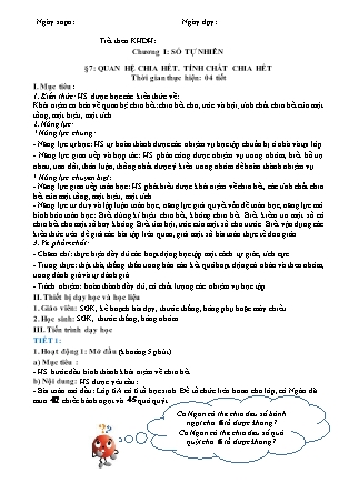 Giáo án Toán Lớp 6 (Sách Cánh Diều) - Chương I - Bài 7: Quan hệ chia hết. Tính chất chia hết (4 tiết) Giáo án Toán Lớp 6 (Sách Cánh Diều) - Chương I - Bài 7: Quan hệ chia hết. Tính chất chia hết (4 tiết)