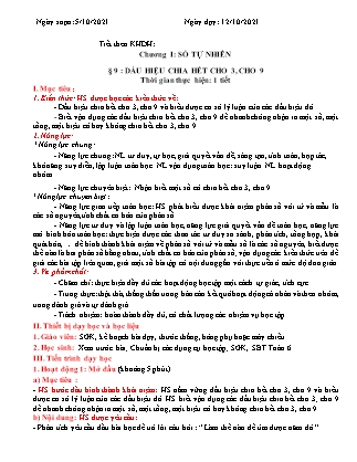 Giáo án Toán Lớp 6 (Sách Cánh Diều) - Chương I - Bài 9: Dấu hiệu chia hết cho 3, cho 9 - Năm học 2021-2022 Giáo án Toán Lớp 6 (Sách Cánh Diều) - Chương I - Bài 9: Dấu hiệu chia hết cho 3, cho 9 - Năm học 2021-2022