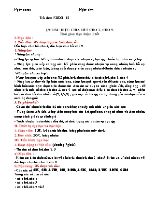 Giáo án Toán Lớp 6 (Sách Cánh Diều) - Chương I - Tiết 18, Bài 9: Dấu hiệu chia hết cho 3, cho 9