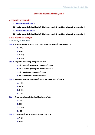 Phiếu bài tập Toán Lớp 6 (Sách Cánh Diều) - Bài 9: Dấu hiệu chia hết cho 3, cho 9 Phiếu bài tập Toán Lớp 6 (Sách Cánh Diều) - Bài 9: Dấu hiệu chia hết cho 3, cho 9