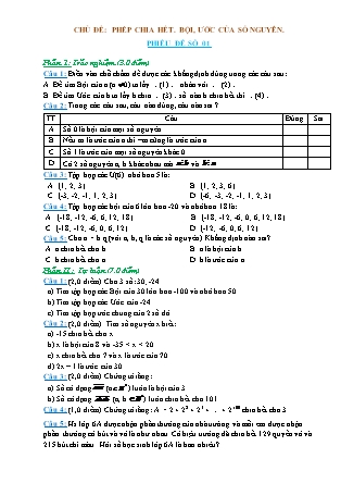 2 Phiếu bài tập môn Toán Lớp 6 - Chủ đề: Phép chia hết. Bội, ước của số nguyên (Có đáp án)