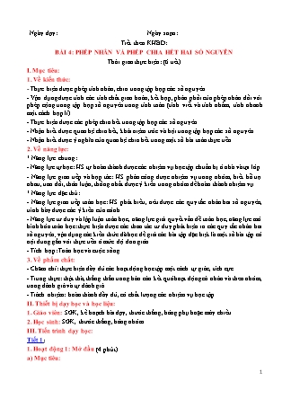 Giáo án Toán Lớp 6 (Sách Chân trời sáng tạo) - Chương 2 - Bài 4: Phép nhân và phép chia hết hai số nguyên Giáo án Toán Lớp 6 (Sách Chân trời sáng tạo) - Chương 2 - Bài 4: Phép nhân và phép chia hết hai số nguyên