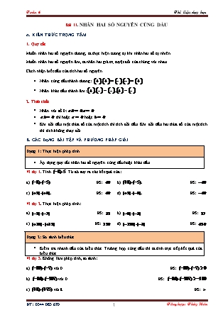 Tài liệu dạy học môn Đại số Lớp 6 - Bài 11: Nhân hai số nguyên cùng dấu Tài liệu dạy học môn Đại số Lớp 6 - Bài 11: Nhân hai số nguyên cùng dấu