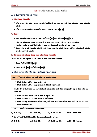 Tài liệu dạy học môn Toán Lớp 6 - Chương 1 - Bài 17: Ước chung lớn nhất Tài liệu dạy học môn Toán Lớp 6 - Chương 1 - Bài 17: Ước chung lớn nhất