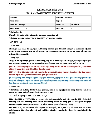 Kế hoạch bài dạy Tin Học Lớp 6 - Tuần 16+19 - Bài 9. An toàn thông tin trên Internet - Năm học 2026-2027 (Tích hợp Năng lực số và AI)