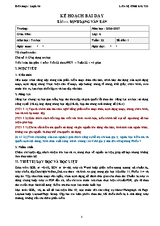 Kế hoạch bài dạy Tin Học Lớp 6 - Tuần 22 - Bài 11. Định dạng văn bản - Năm học 2026-2027 (Tích hợp Năng lực số và AI)